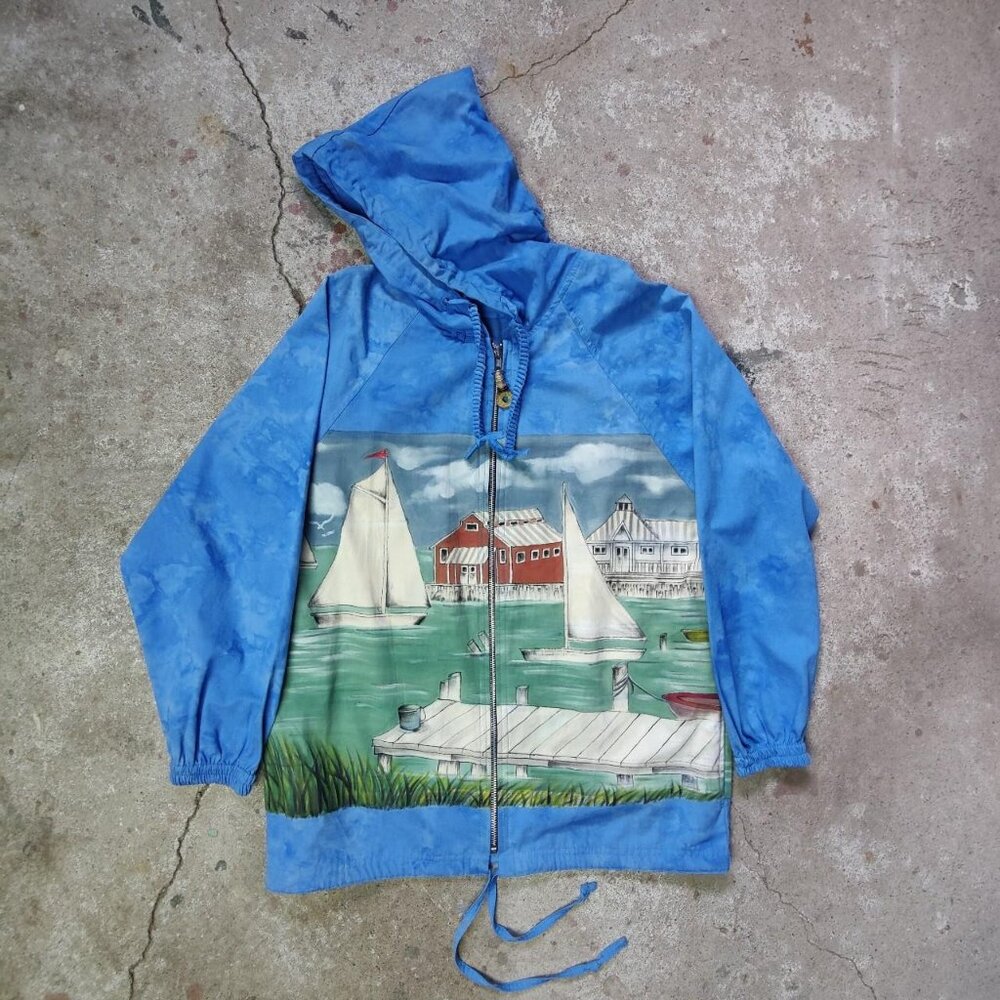 Vintage 90s hand painted canvas poncho jacket women's S